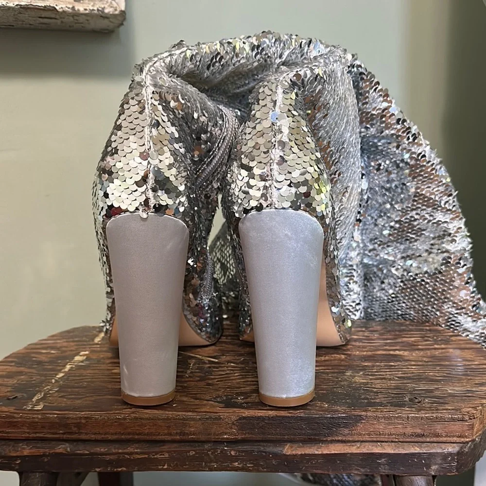 KHPAERMEI Sparkly Thigh High Open Toe Chunky High Heel Boots - Silver Sequin